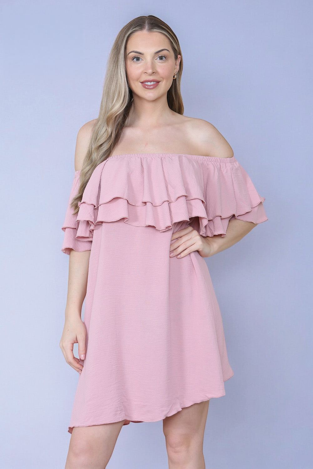 Double Frill Off Shoulder Bardot Swing Holiday Dress in Rose Pink