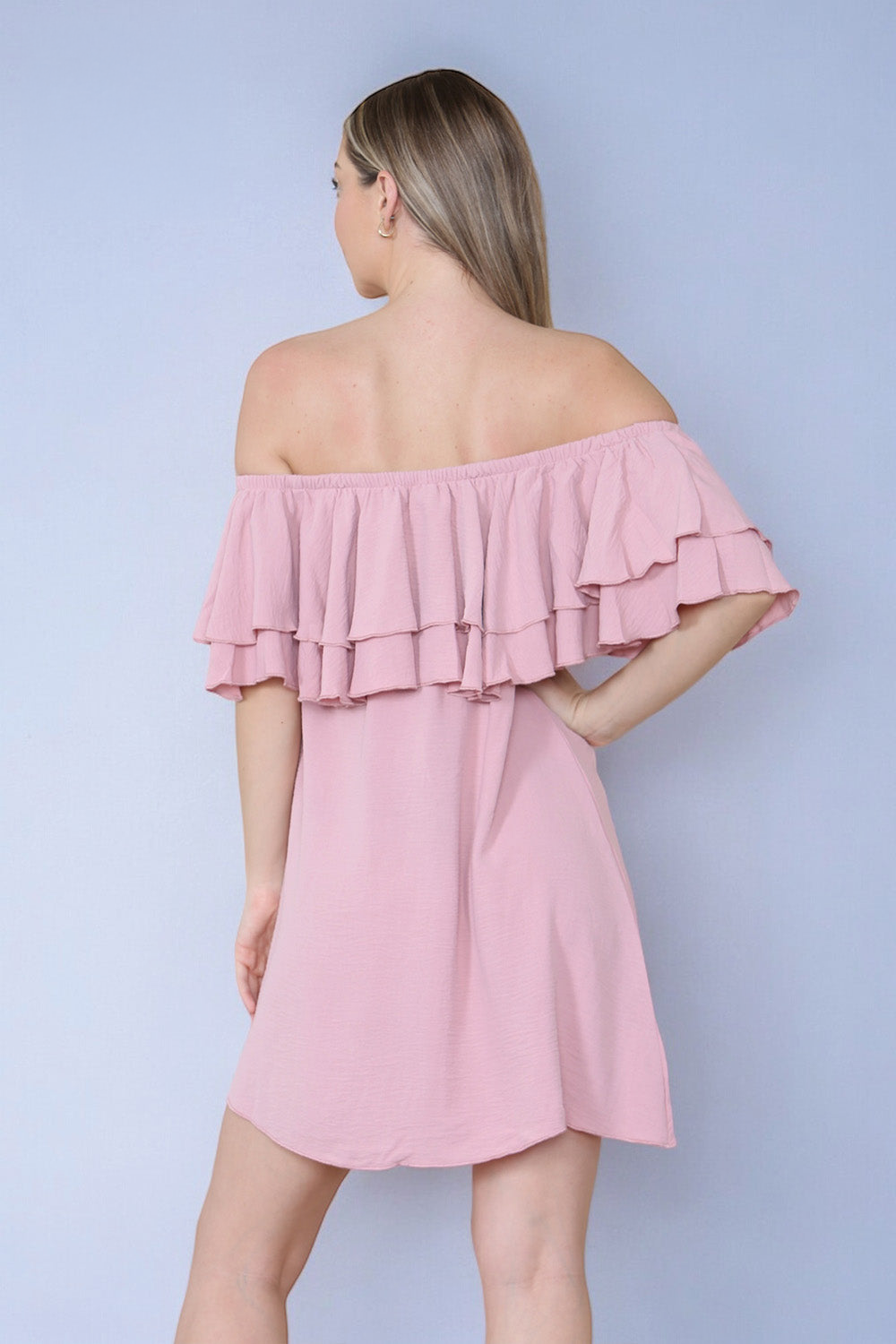 Double Frill Off Shoulder Bardot Swing Holiday Dress in Rose Pink back