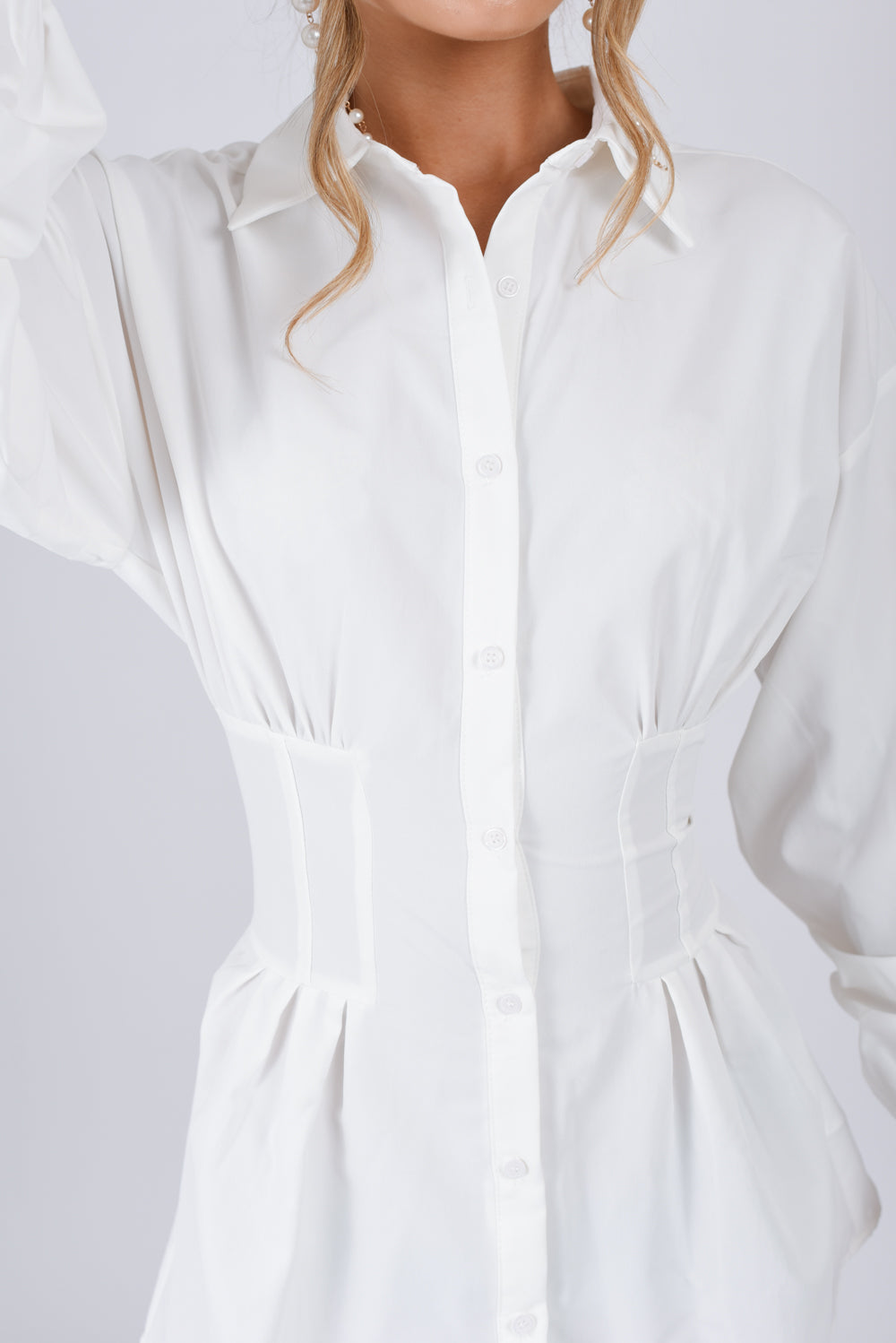 Waist Detail Button Front Shirt Dress White