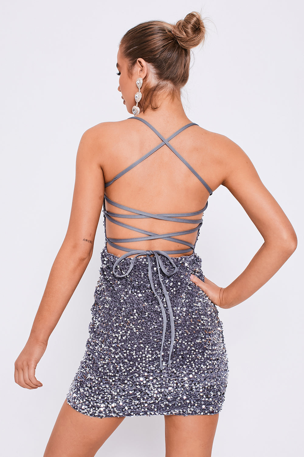 Square Neckline Lace Back Mini Sequin Dress Silver