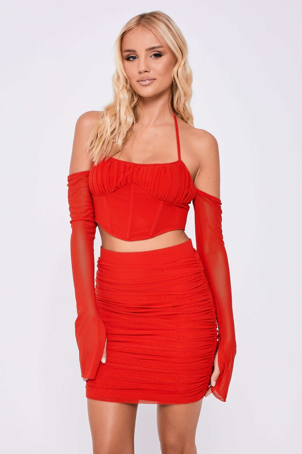 Bardot Mesh Slit Sleeve Crop Top & Mini Skirt Co-Ord Red