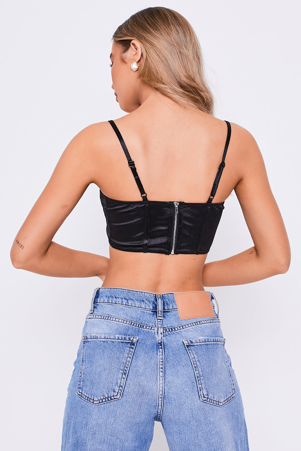 Satin Strappy Crop Top With Lace Trim Black