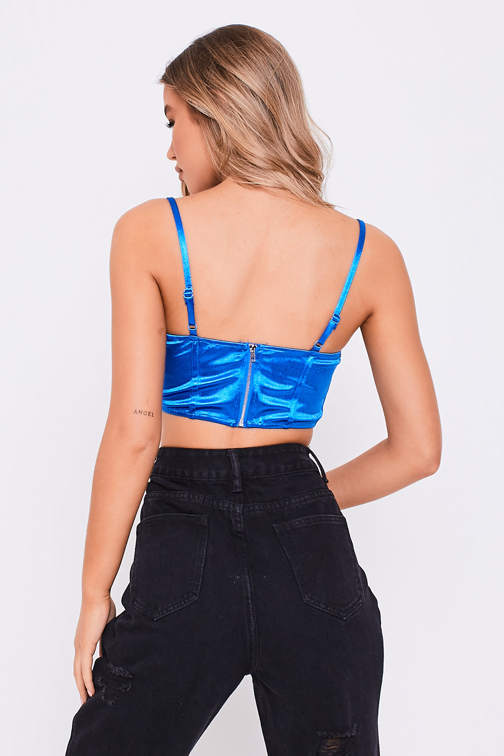 Satin Strappy Crop Top With Lace Trim Cobalt