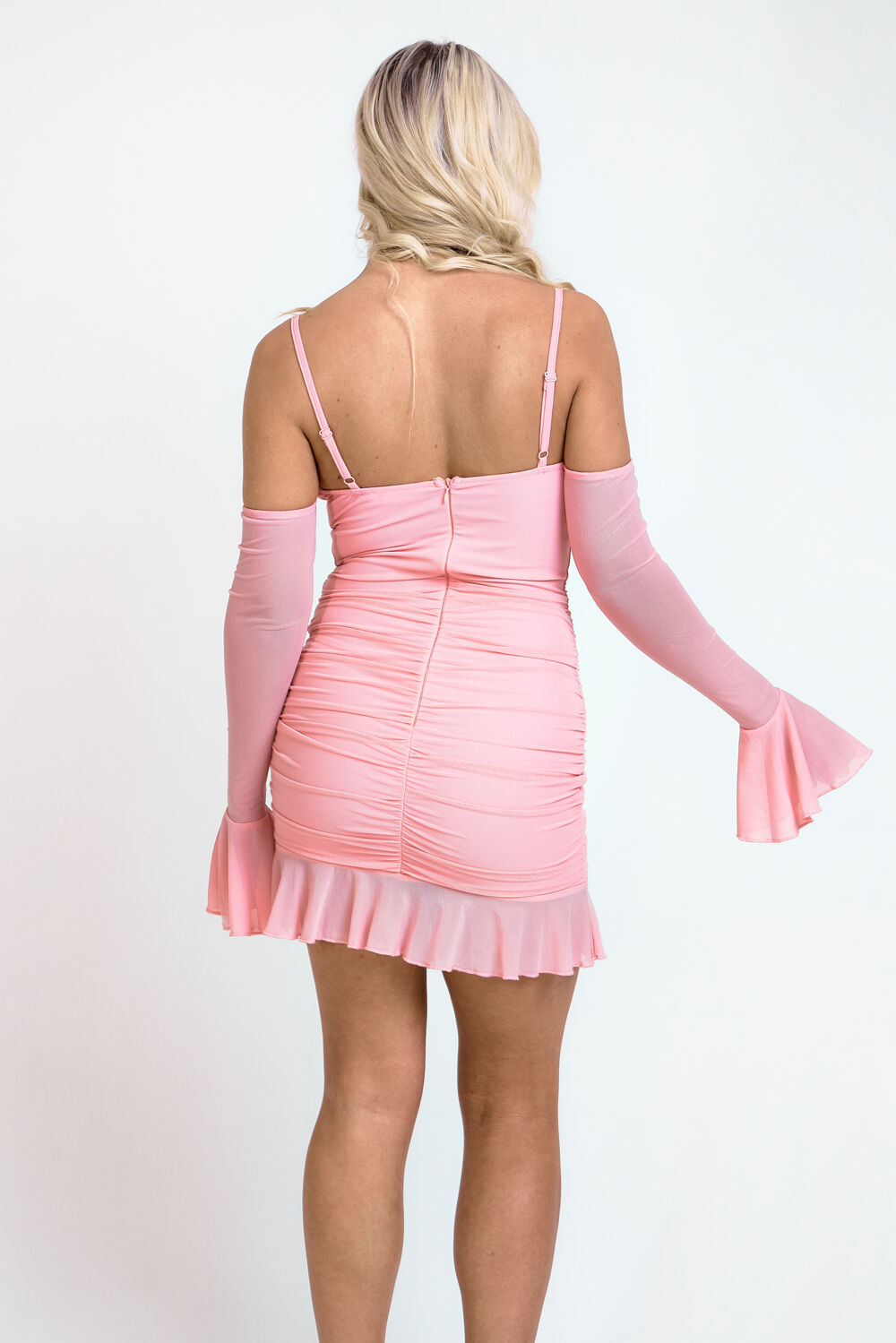 Split Sleeve Ruched Body Frill Hem Mini Dress Pink