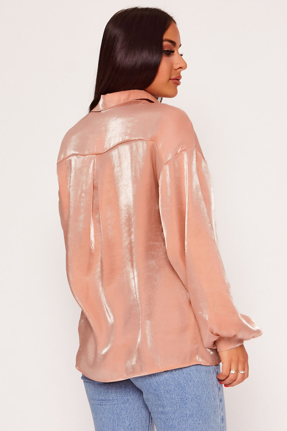 Two Tone Metallic Balloon Sleeve Oversized Top Shirt Nude