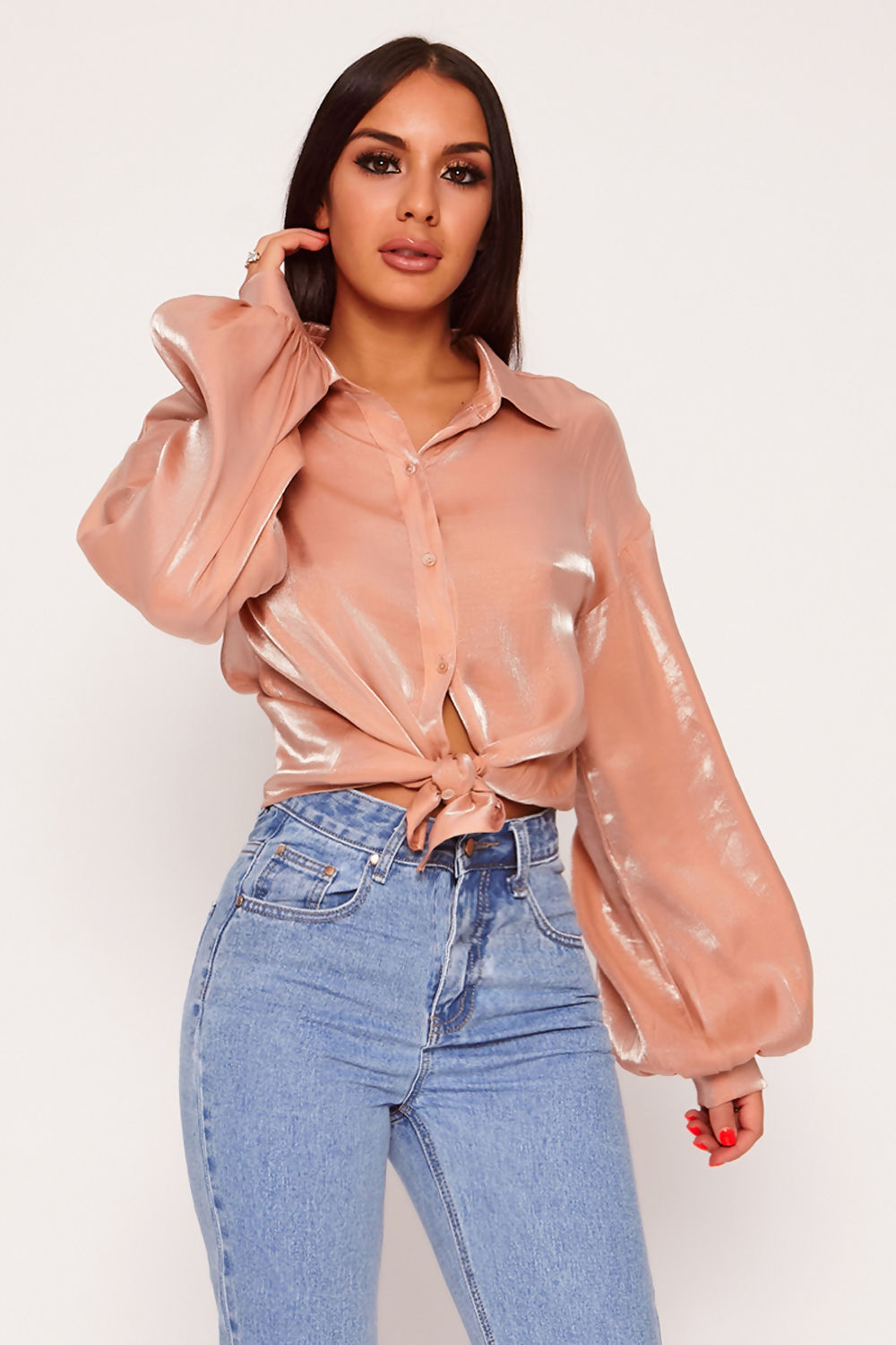 Two Tone Metallic Balloon Sleeve Oversized Top Shirt Nude