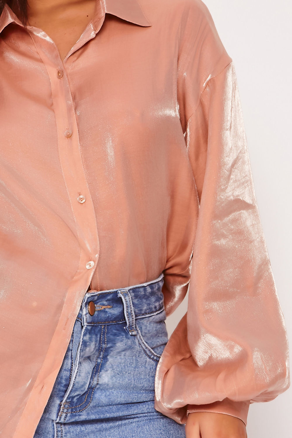 Two Tone Metallic Balloon Sleeve Oversized Top Shirt Nude