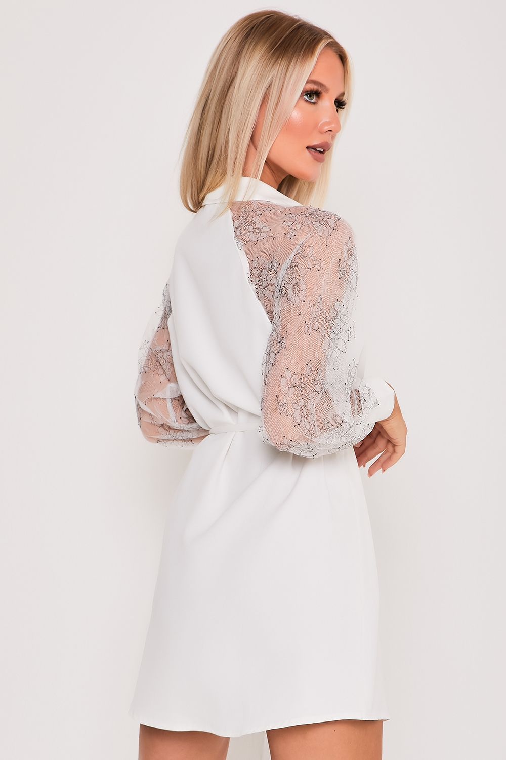 Long Mesh Sleeve Shirt Dress White