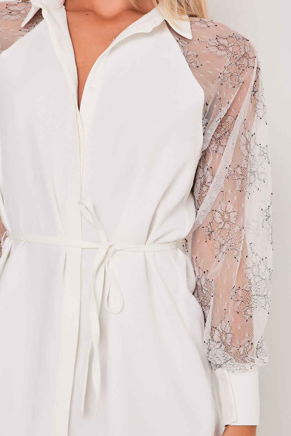 Long Mesh Sleeve Shirt Dress White