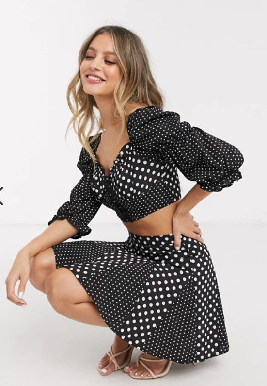 Corset Detail Puff Sleeve Crop Top In Contrast Polka