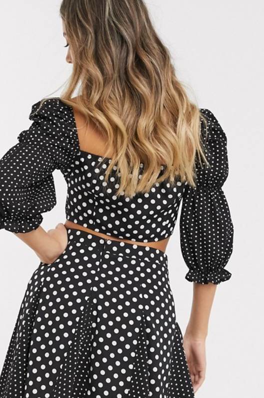 Corset Detail Puff Sleeve Crop Top In Contrast Polka