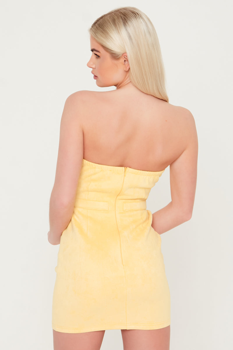 Stretch Suede Strapless Western Belted Bodycon Dress Yellow