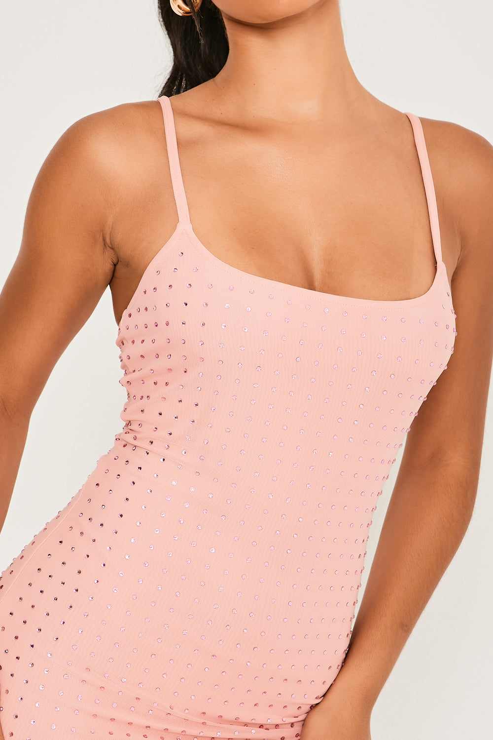 Mesh Diamante Strappy Bodycon Mini Dress Pink