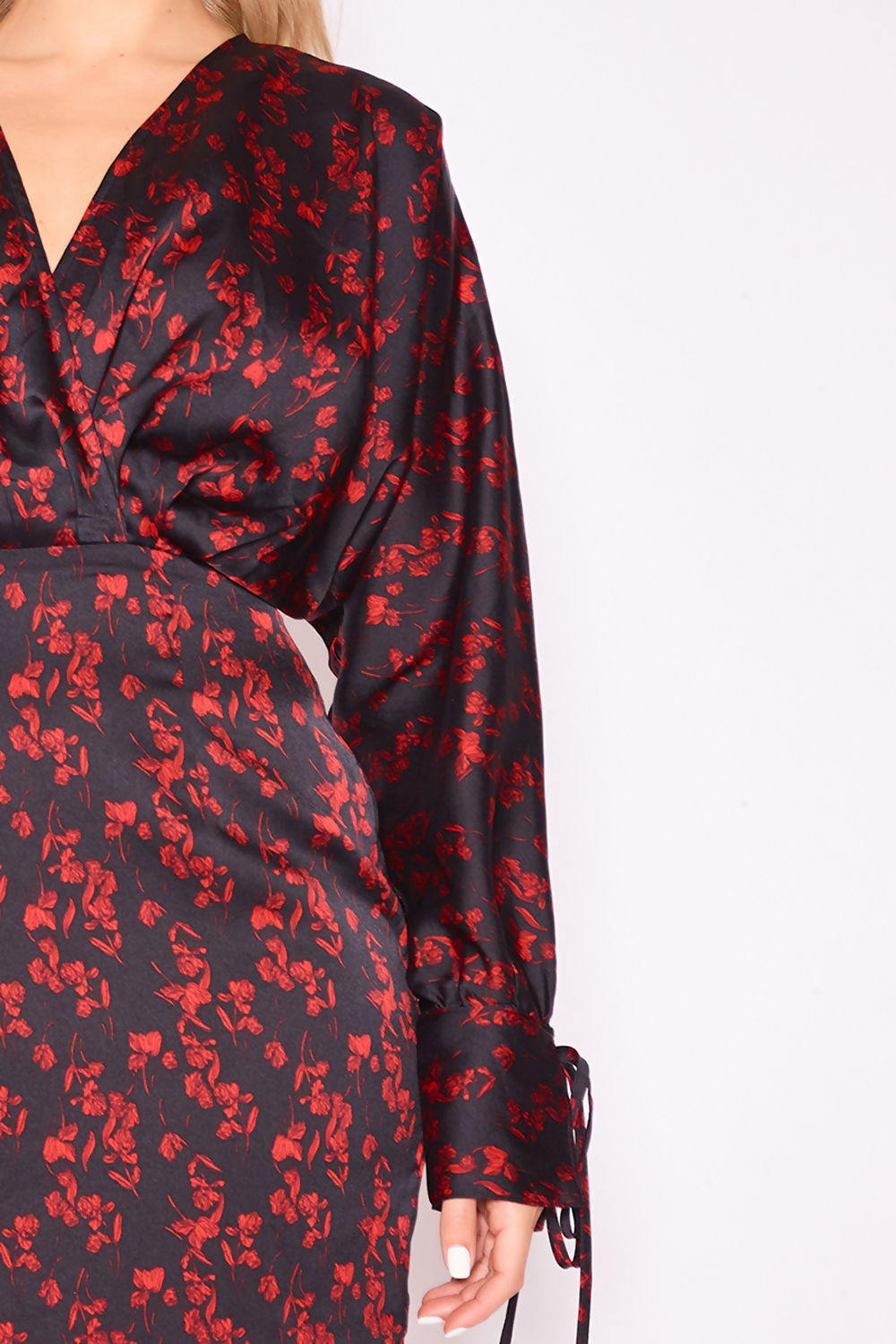 Black Floral Wrap Front Batwing Sleeve Dress