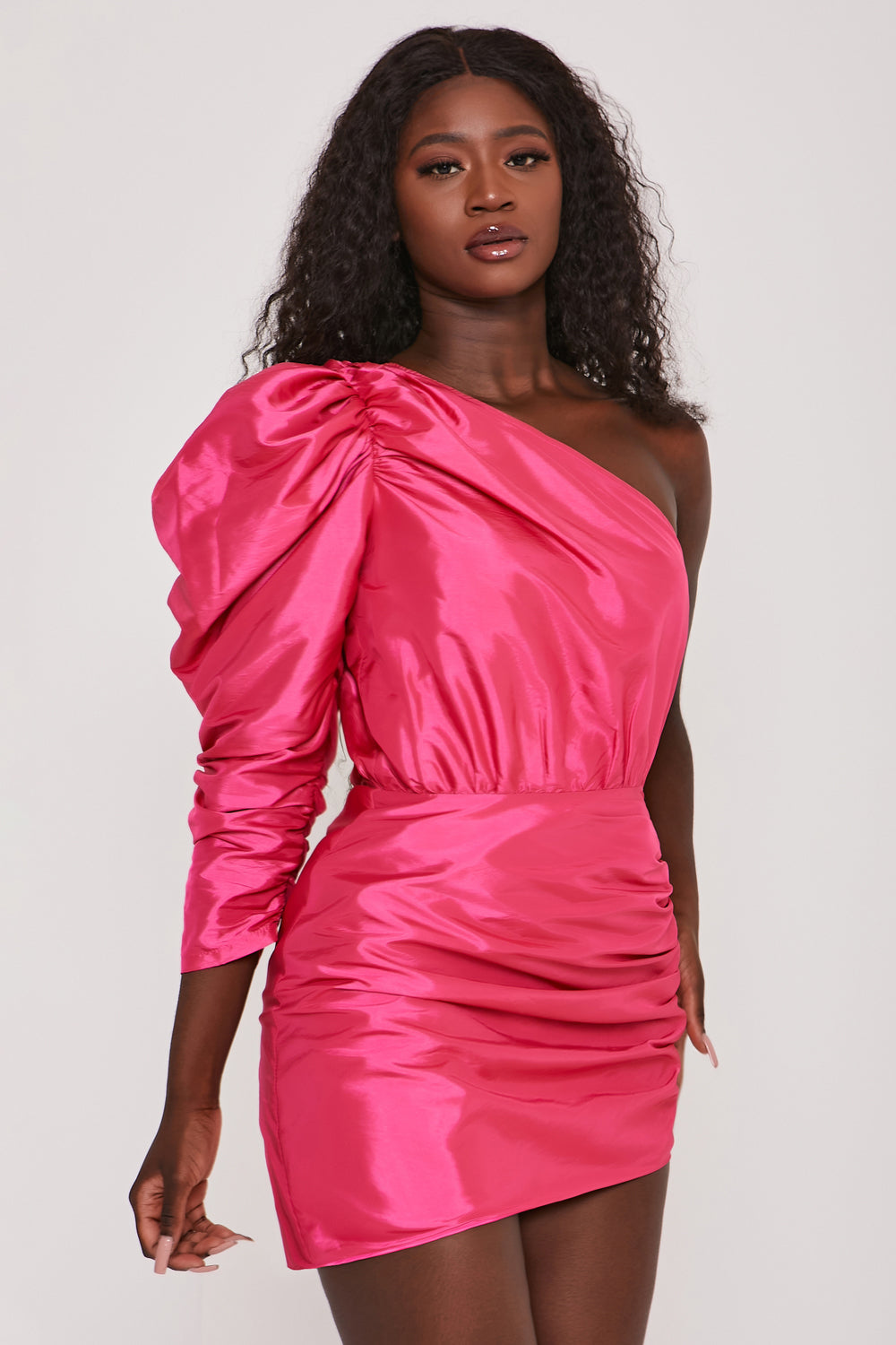 pink one shoulder puff sleeve dress Mac Duggal 26592 Prom One Shoulder Puff Sleeve Gown