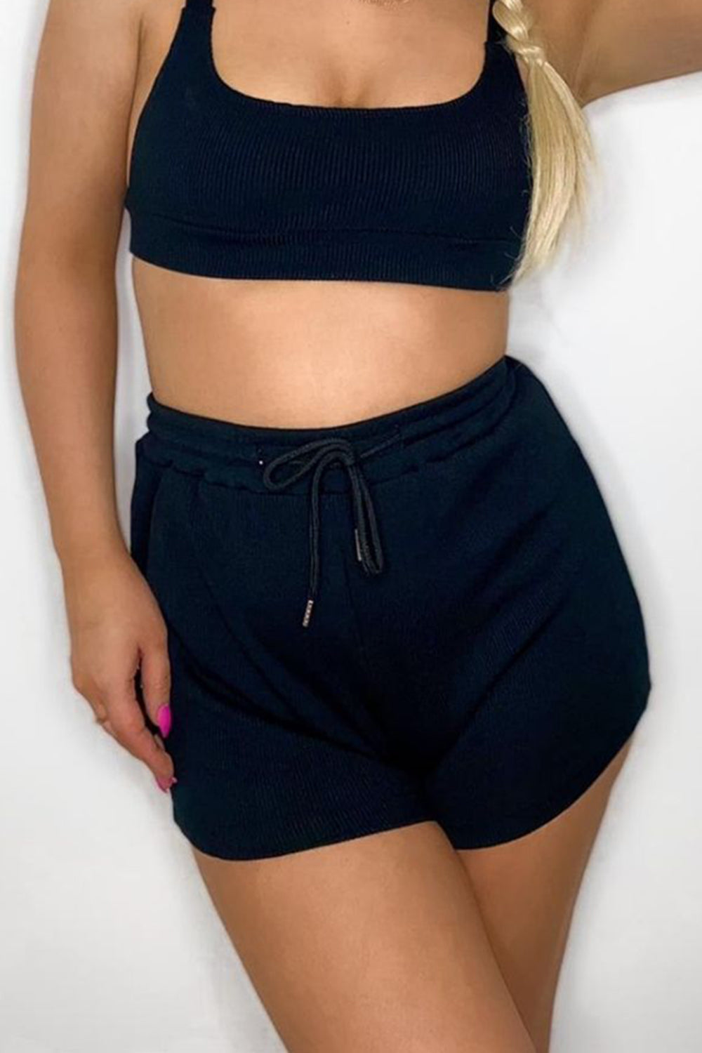 Rib Drawstring Lounge Shorts Black