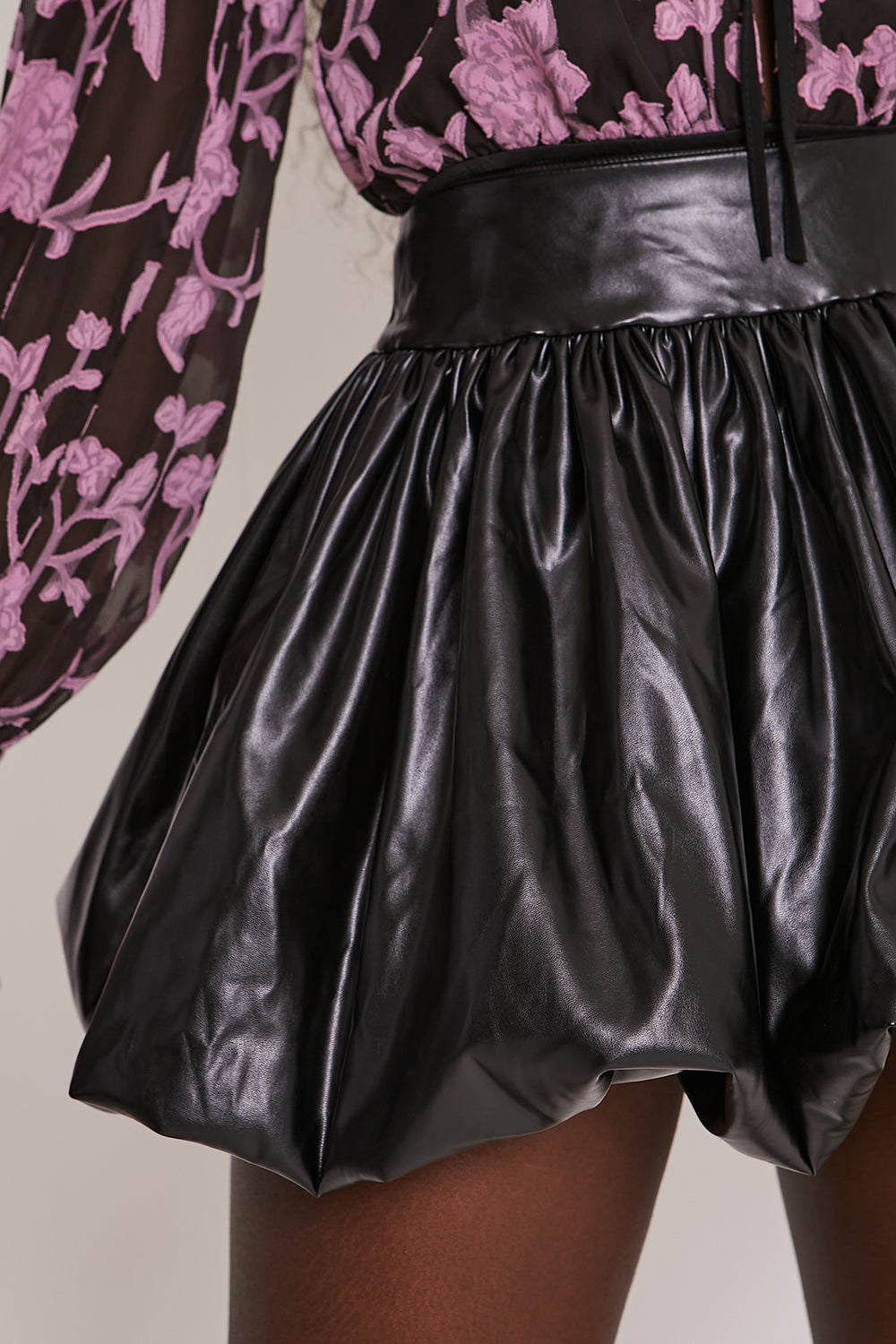 Faux Leather High Waisted Puffball Mini Skirt Black