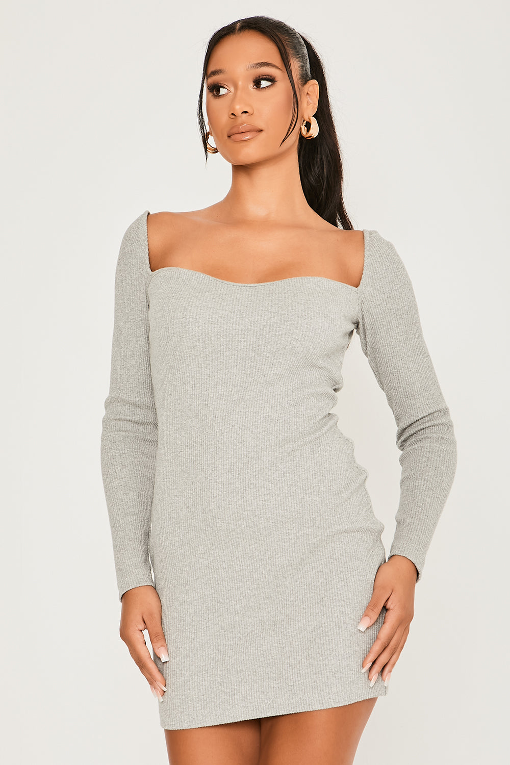 Rib Long Sleeve Bodycon Mini Dress Grey