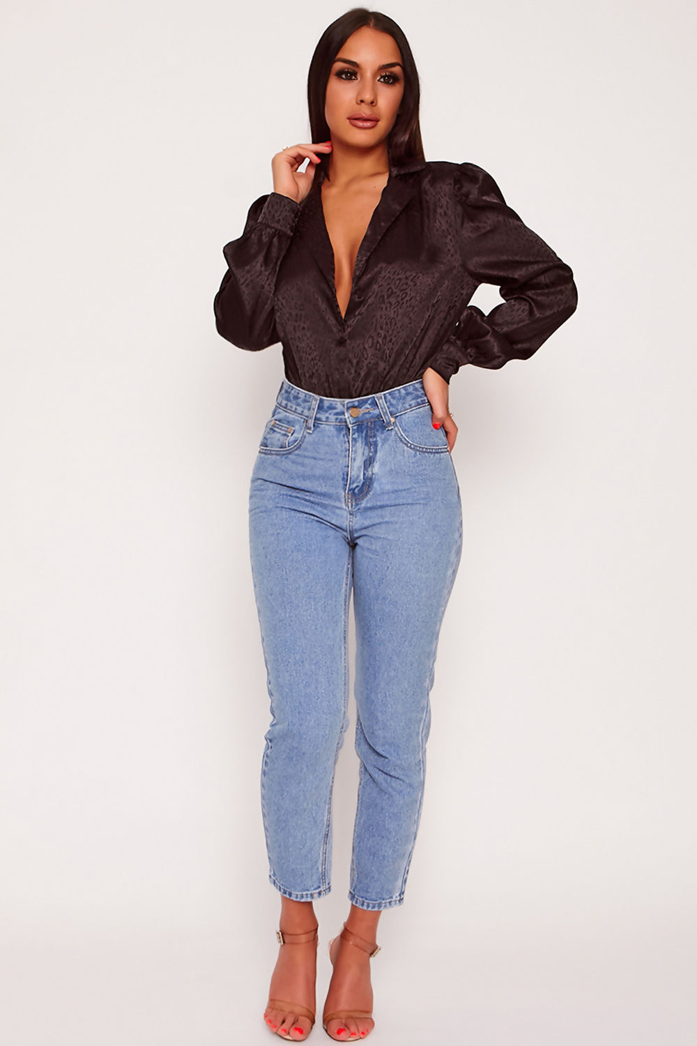 Leopard Jacquard Puff Sleeve Shirt Bodysuit Black