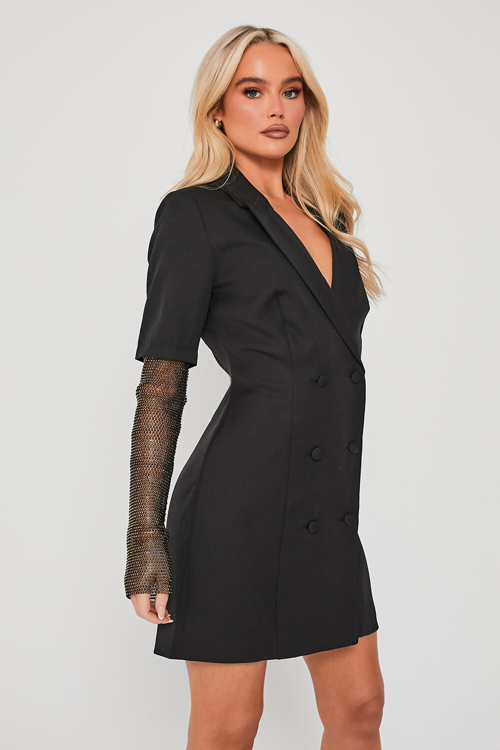 Diamante Net Sleeve Tailored Blazer Dress Black