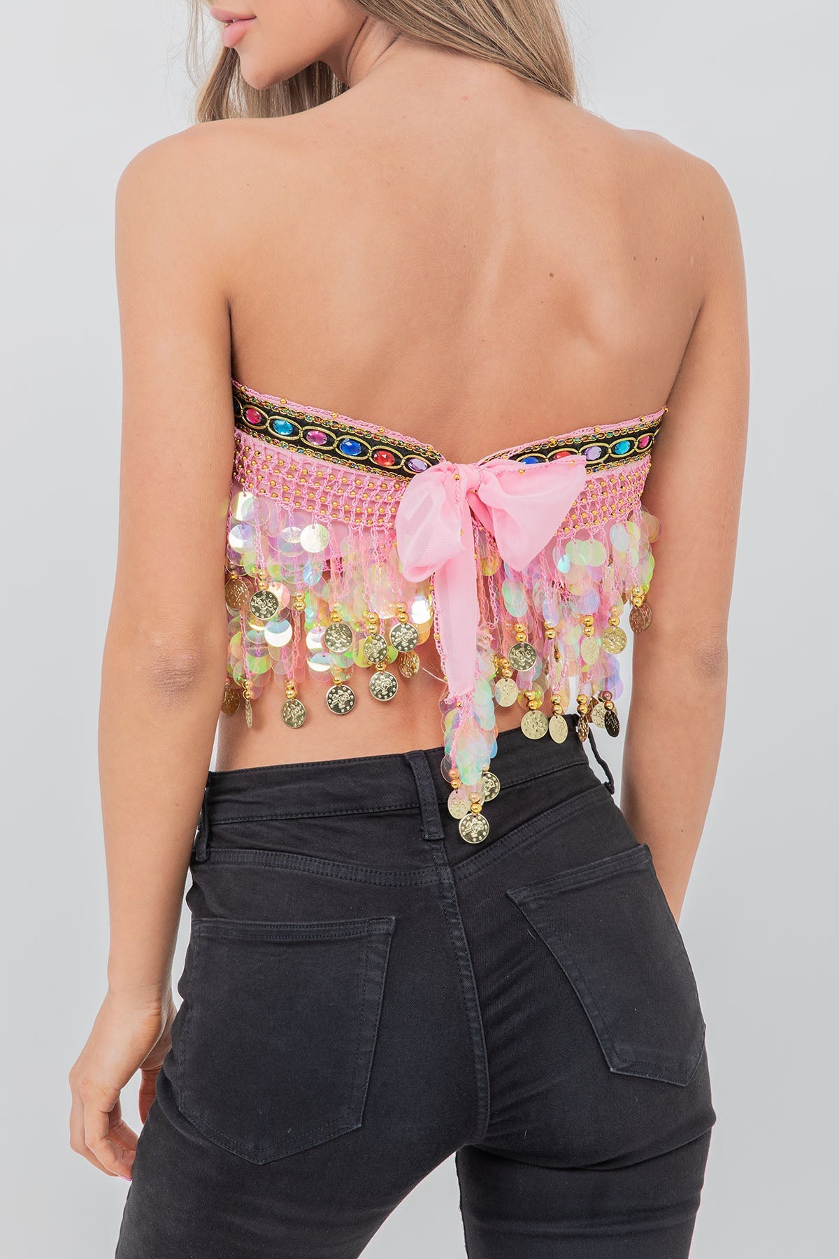 Tassel Sequin Tie Up Back Crop Top Jem Trim Pink