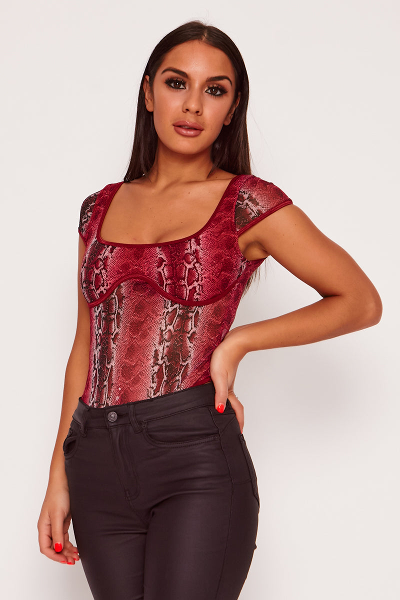 Snake Print Thong Bodysuit In Wine