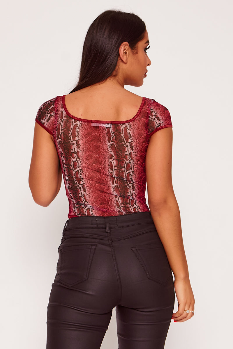 Snake Print Thong Bodysuit In Wine