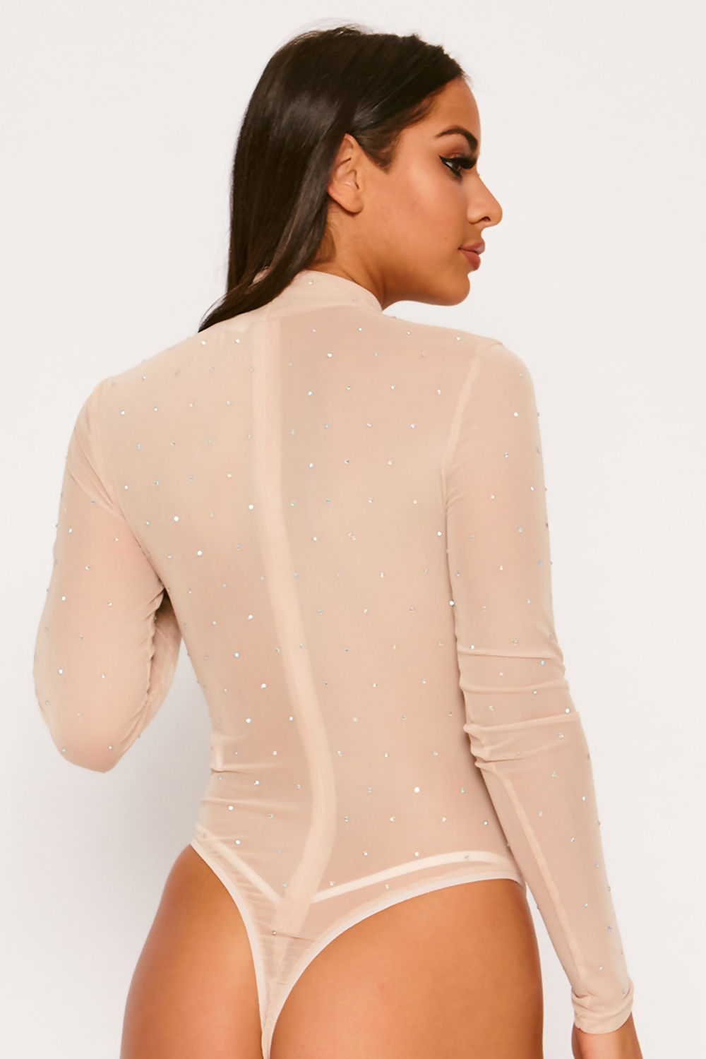 High Neck Diamante Bodysuit Nude
