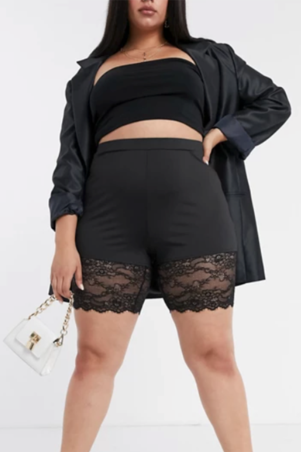 Plus Size High Waist Stretch Eyelash Lace Hem Cycling Shorts Black