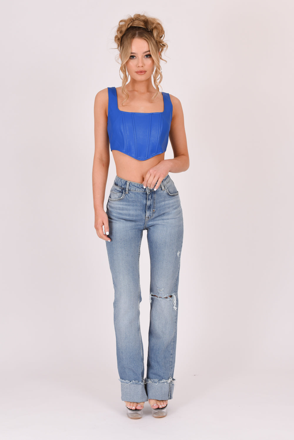 Croc Pu Square Neck Corset Top Blue