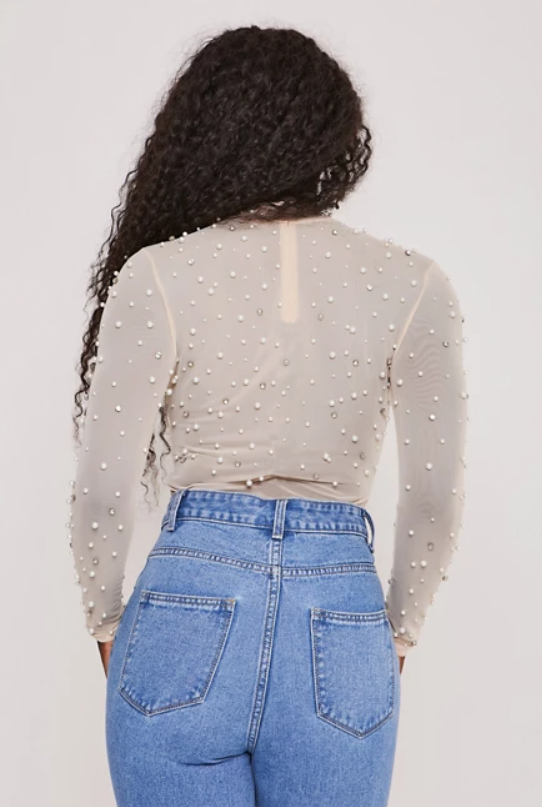 Mesh Bodysuit With Pearls Cream