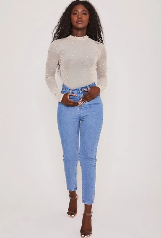 Mesh Bodysuit With Pearls Cream