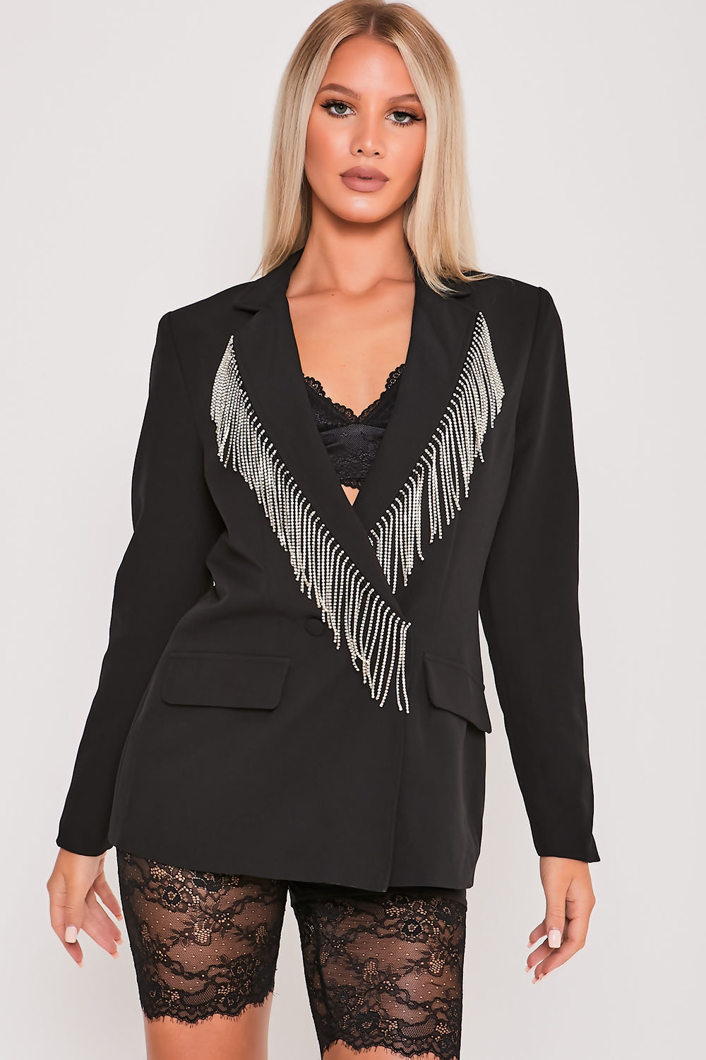 Diamante Fringe Double Breasted Blazer Black