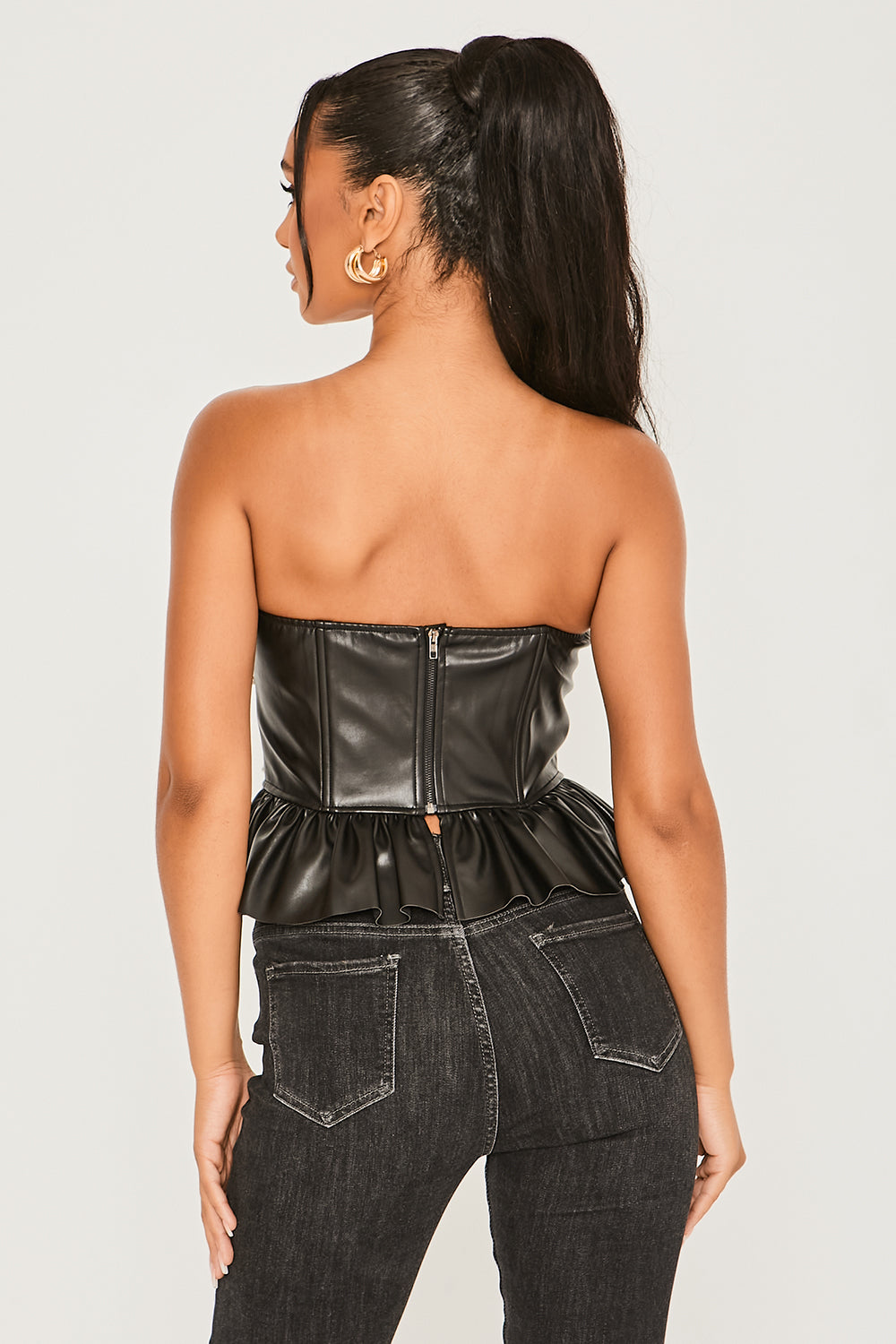 Faux Leather Strapless Peplum Pearl Detailed Top Black