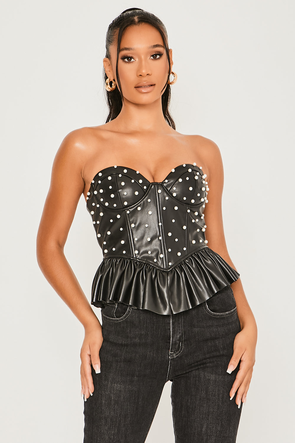 Faux Leather Strapless Peplum Pearl Detailed Top Black