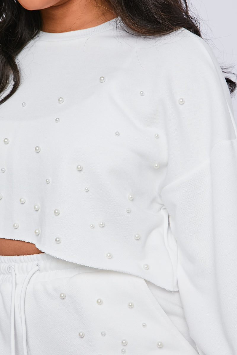 Pearl Embellished Loop Back Jersey Cropped Sweatshirt White