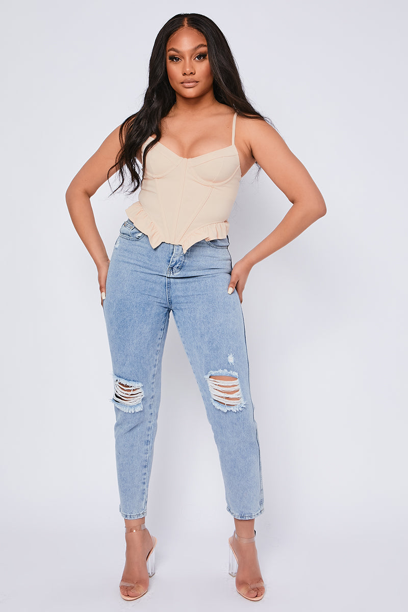 Stretch Crepe Underwired Frill Corset Top Nude