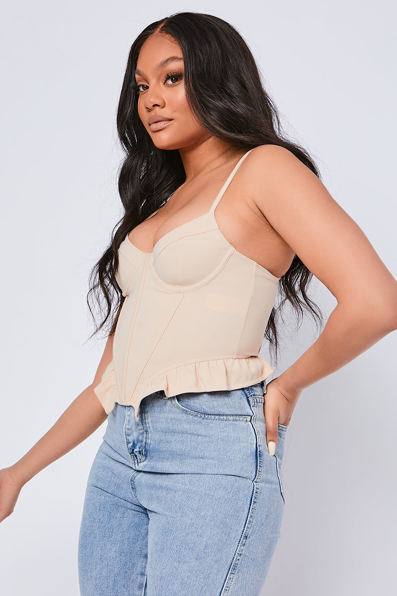 Stretch Crepe Underwired Frill Corset Top Nude