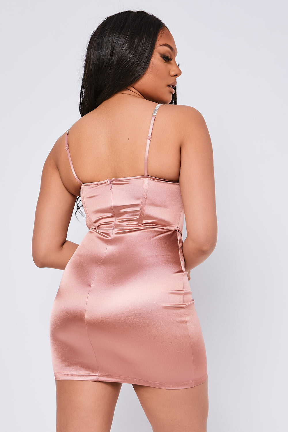 Stretch Satin Diamante Strap Corset Dress Rose