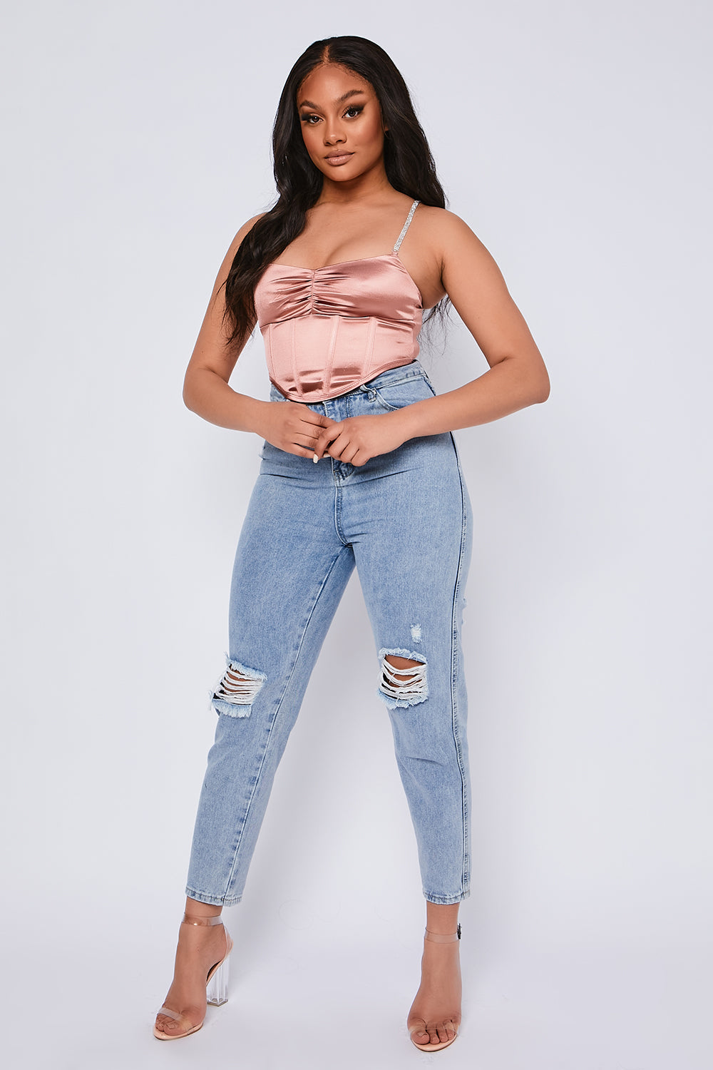 Stretch Satin Diamante Strap Corset Top Rose