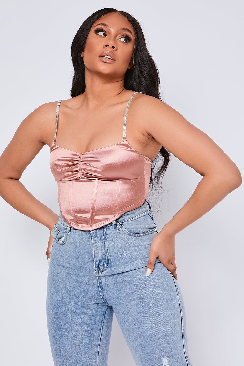 Stretch Satin Diamante Strap Corset Top Rose