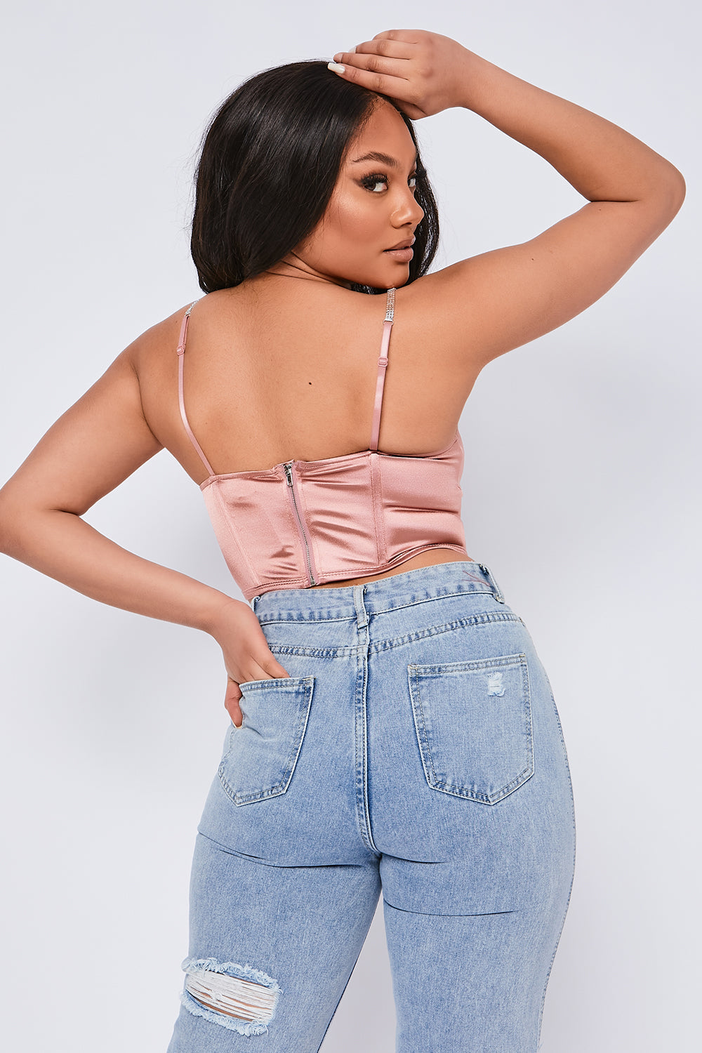 Stretch Satin Diamante Strap Corset Top Rose