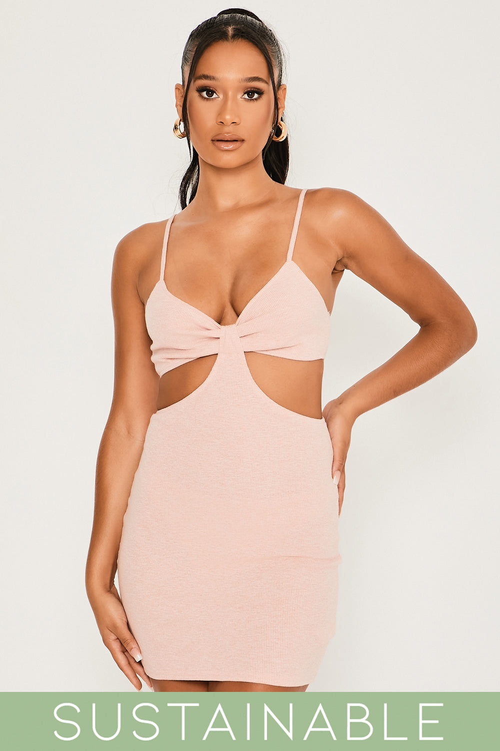 Recycled Rib Knot Front Cut Out Mini Dress Blush