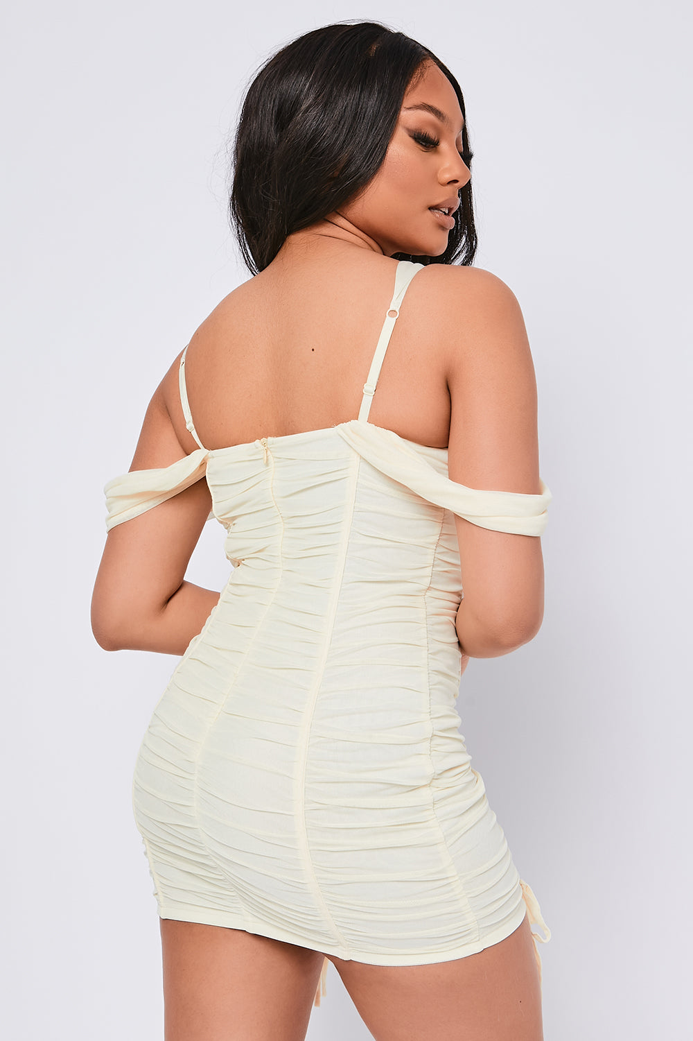 Ruched Mesh Off the Shoulder Mini Dress Cream
