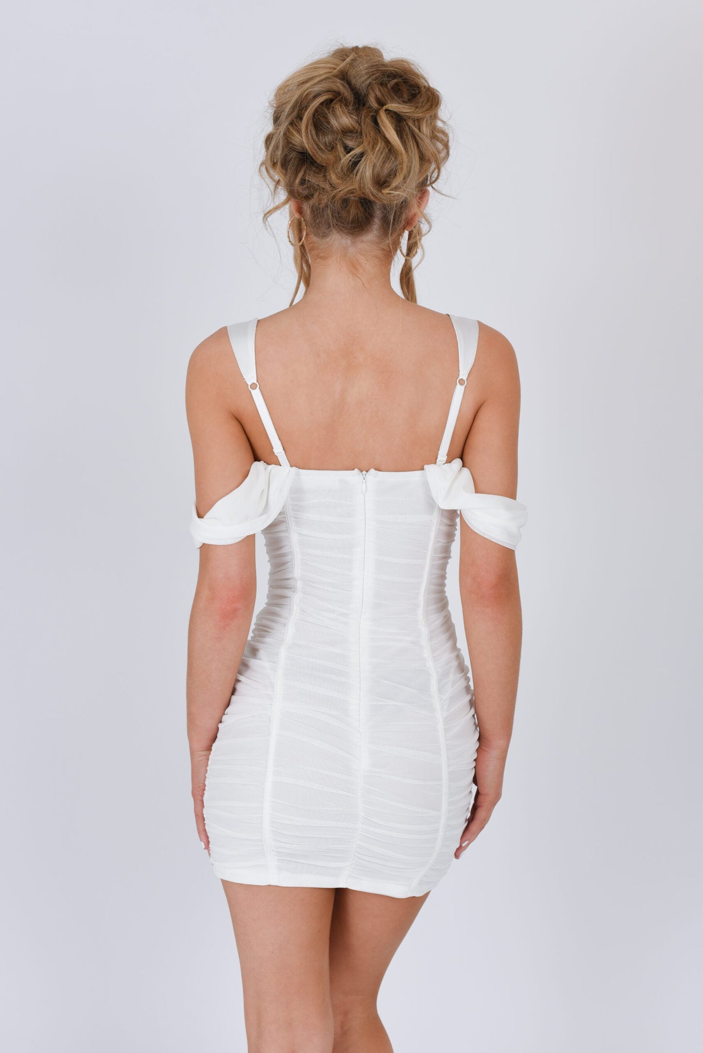 Ruched Mesh Off the Shoulder Mini Dress White