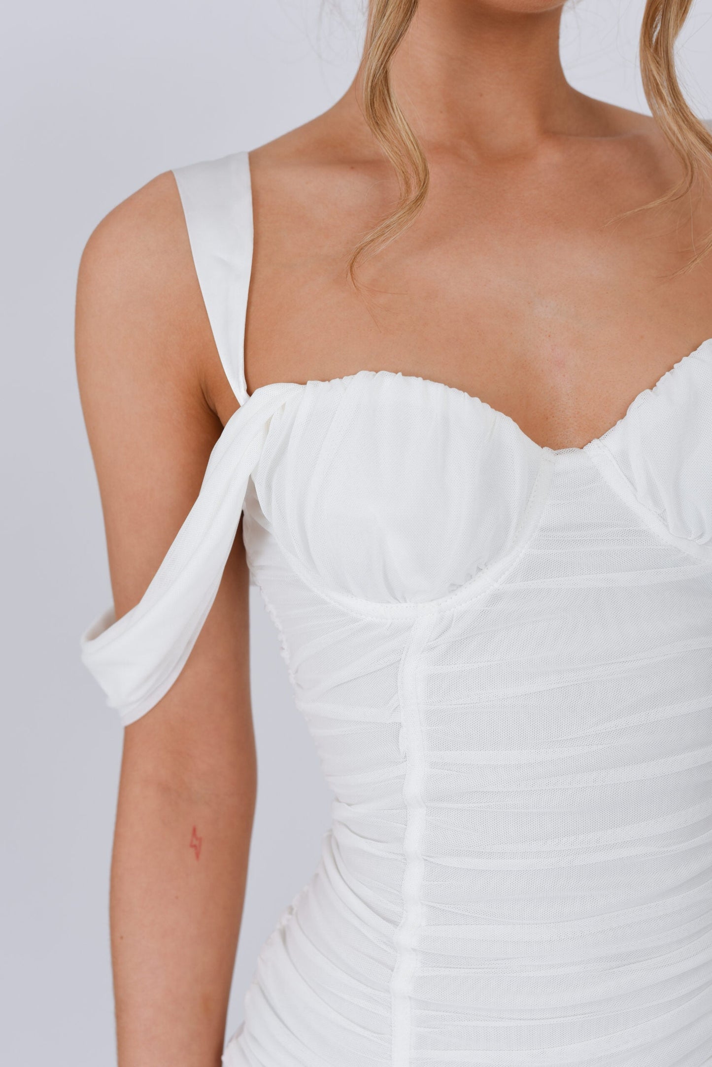 Ruched Mesh Off the Shoulder Mini Dress White