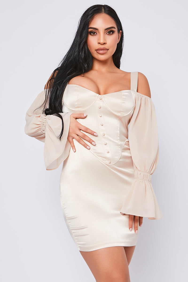 Satin Corset Mini Dress With Chiffon Puff Sleeves Champagne Saint Genies Wholesale Satin Corset Mini Dress With Chiffon Puff Sleeves Champagne Saint Genies Wholesale