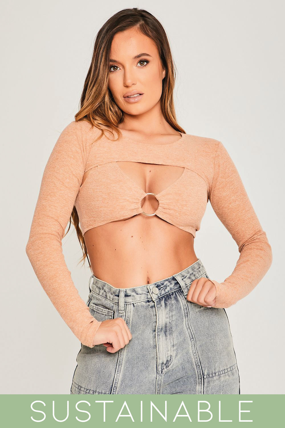 Recycled Rib Extreme Two Piece Long Sleeve Crop Top Mocha