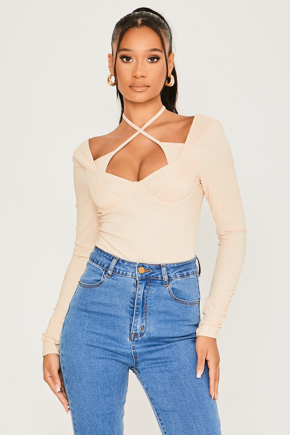 Cross Neck Tie Long Sleeve Bodysuit Ecru