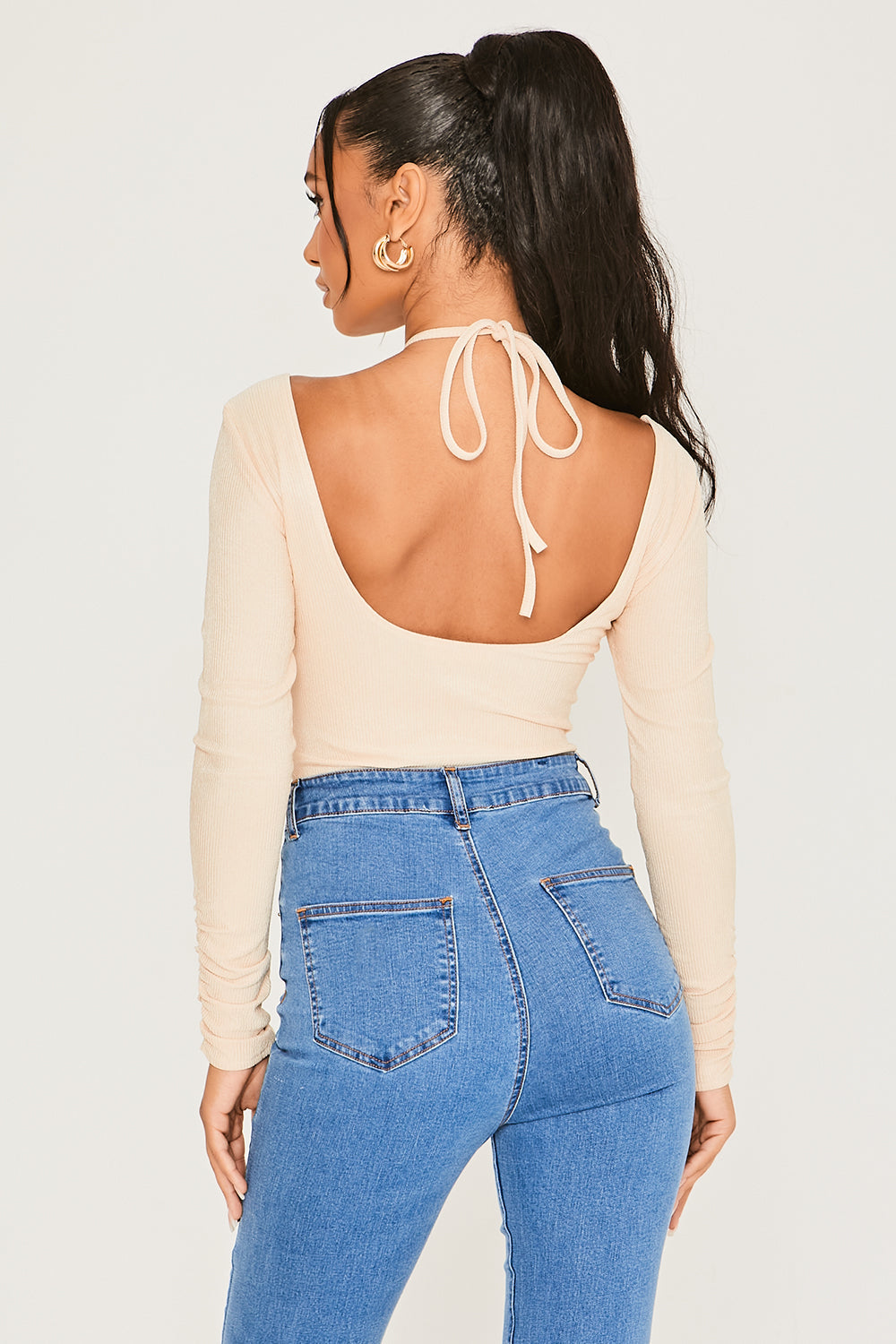 Cross Neck Tie Long Sleeve Bodysuit Ecru